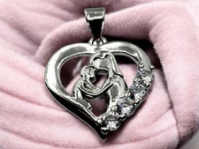 Sterling Silver Mother Daughter Heart Charm: Crystal Accent Pendant