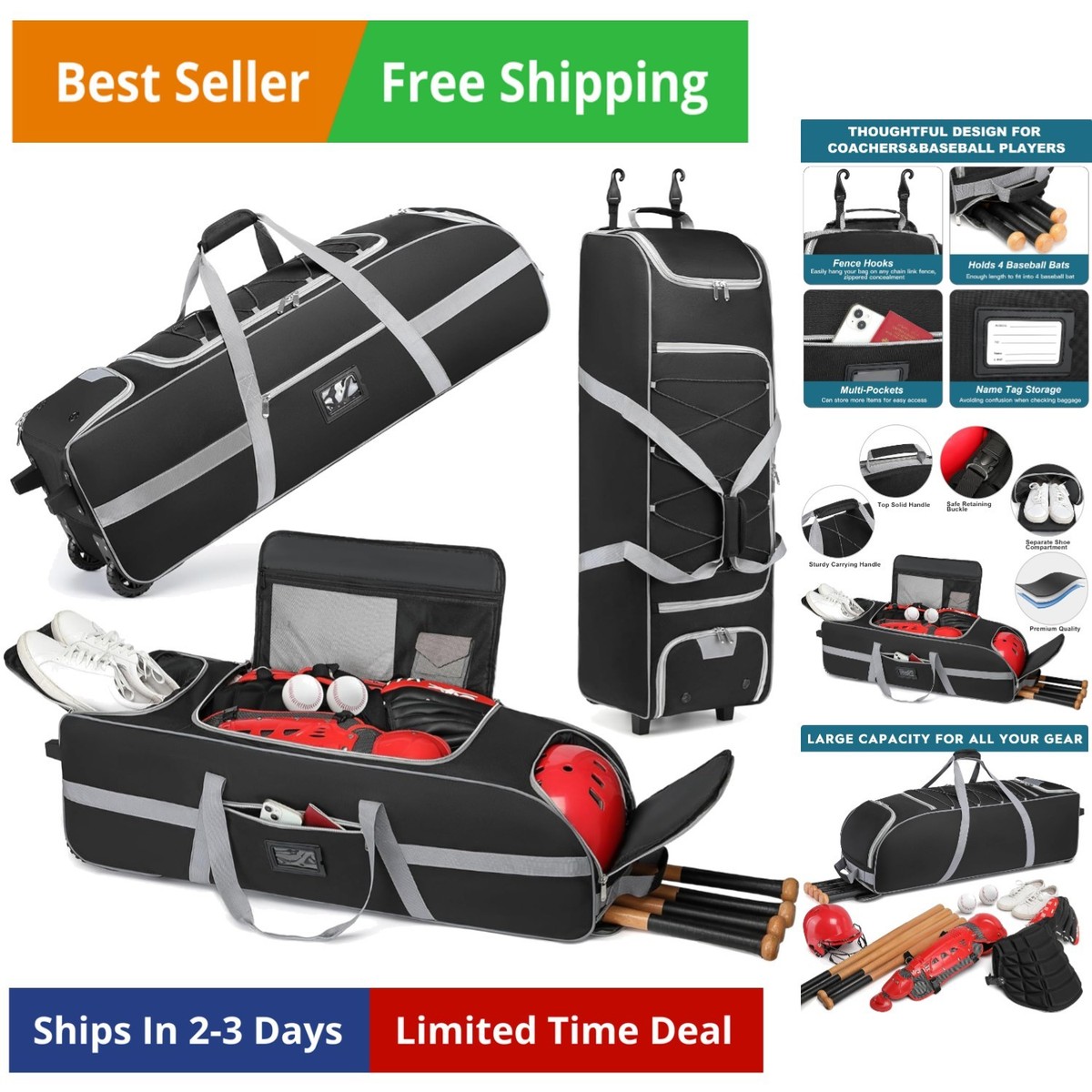 Large Catcher Gear Bag With Wheels, Soft Rolling Baseball Bag for