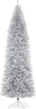 Silver Tinsel Artificial Christmas Tree, 9Ft Pencil Christmas Tree with 1860 PVC