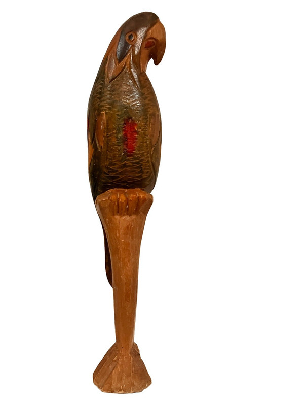 Hand-Carved Wooden Parrot Bird Figurine on Stand/Pedestal, Brown Red Accent