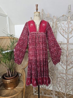 Vintage Phool Baumwolle Indianer 70er 80er Hängerchen Midi Kaftan Kleid XS S
