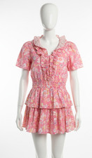 LoveShackFancy Mini Dress Pink Large Multicolor Ellis Floral Print Ruffled