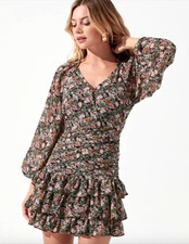 ASTR Mini Dress Size XS Green Black Pink Orange Floral Puffy Sleeve Tier Ruffle