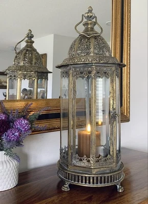 Jugendstil Laterne Windlicht Glas Metall Landhaus Laterne 53 cm Antik Stil Deko - Bild 1 von 4