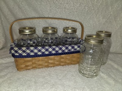 LONGABERGER 2003 BLUE RIBBON CANNING BASKET W/LINER/PROTECTOR & 5 Jars