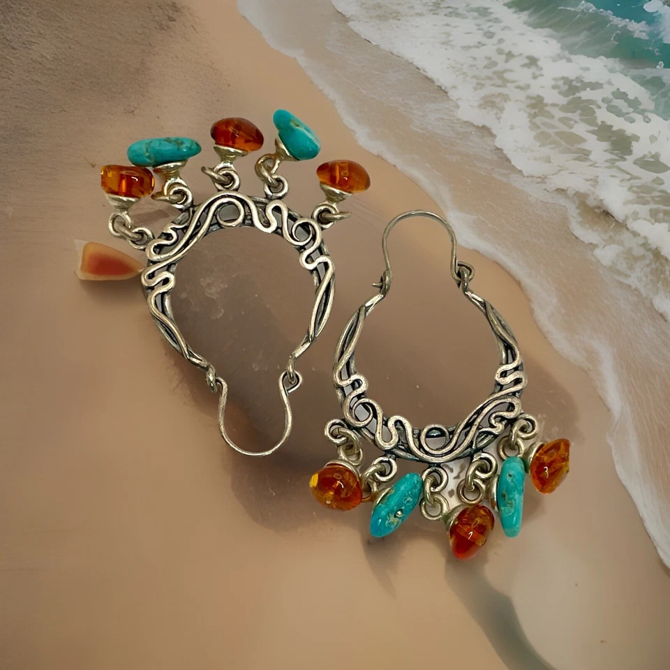 纯银环状耳环绿松石和琥珀悬垂宝石 11.24 克旋转 — 第 2/4 张图片