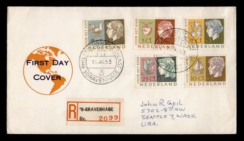 DR WHO 1953 NETHERLANDS FDC CHILD SEMI POST COMBO REGISTERED M75563