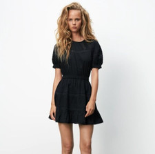 Zara Mini Dress Short Sleeve Eyelet Black Lace Ruffle L Summer Flouncy