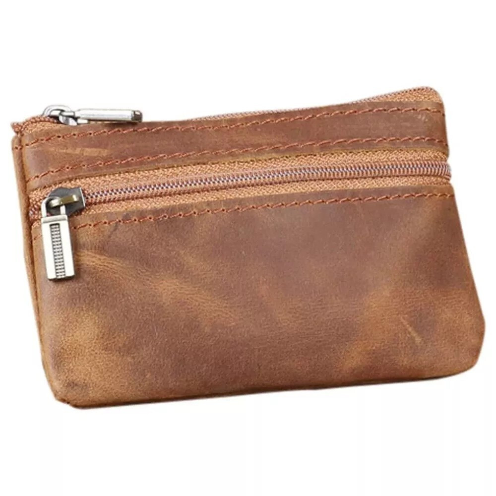 Brown Genuine Leather Coin Purse Small Zipper Wallet with Key Ring & Card Holder