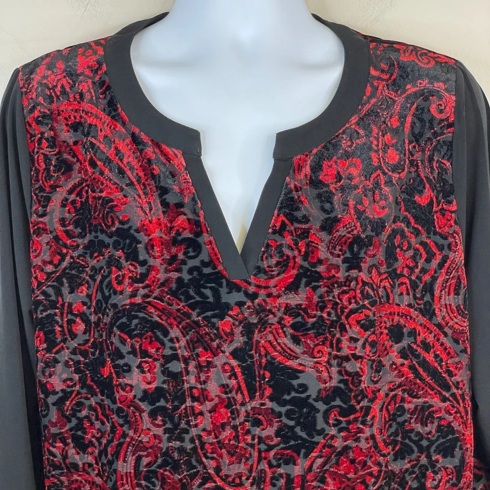 Vintage Womens Velvet Burnout  Asymmetrical Tunic Top Size XL Red Black HOLIDAY - Image 2 of 4
