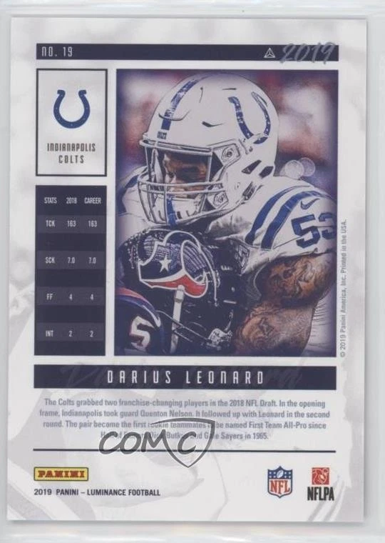 2019 Panini Luminance Gold /275 Shaquille Leonard Darius Leonard #19 - Image 2 of 2
