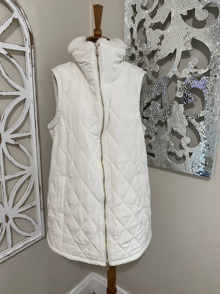 NWT ANNE KLEIN xlarge IVORY QUILTED FAUX FUR COLLAR VEST - Image 2 of 4