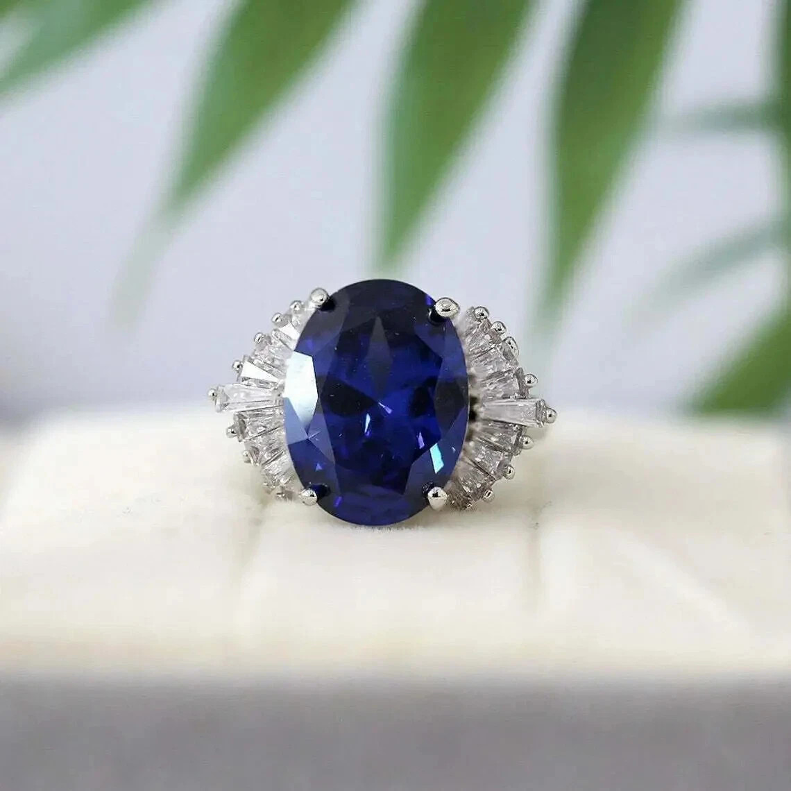 3.54 Ct Oval Cut Blue Sapphire Engagement Ring 14K White Gold