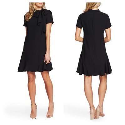 New CeCe Women's Short Sleeve Bow Neck Flounce Ruffle Hem Midi Dress in Black