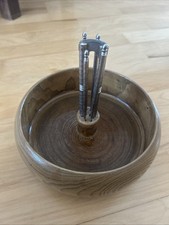Wooden Nut Bowl Vintage Oak Solid MCM With Nut Cracker  Picks Set Carved Turned