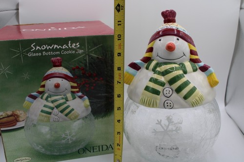 Oneida Snowmates Glass Bottom Cookie Jar Debbie Taylor Kerman Hand Painted Top - Picture 2 of 6
