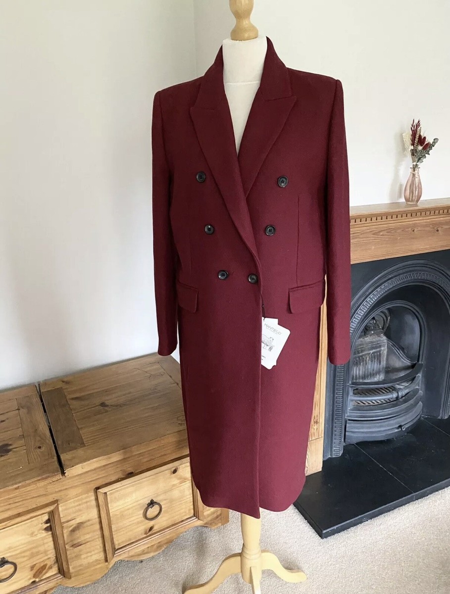 Zara Burgundy Reddish Italian Manteco Wool Double Breasted Coat XL  