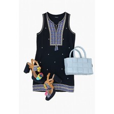 Madewell Dress Sz 0 Embroidered Boho Sleeveless Navy Blue Shift Pockets Mini