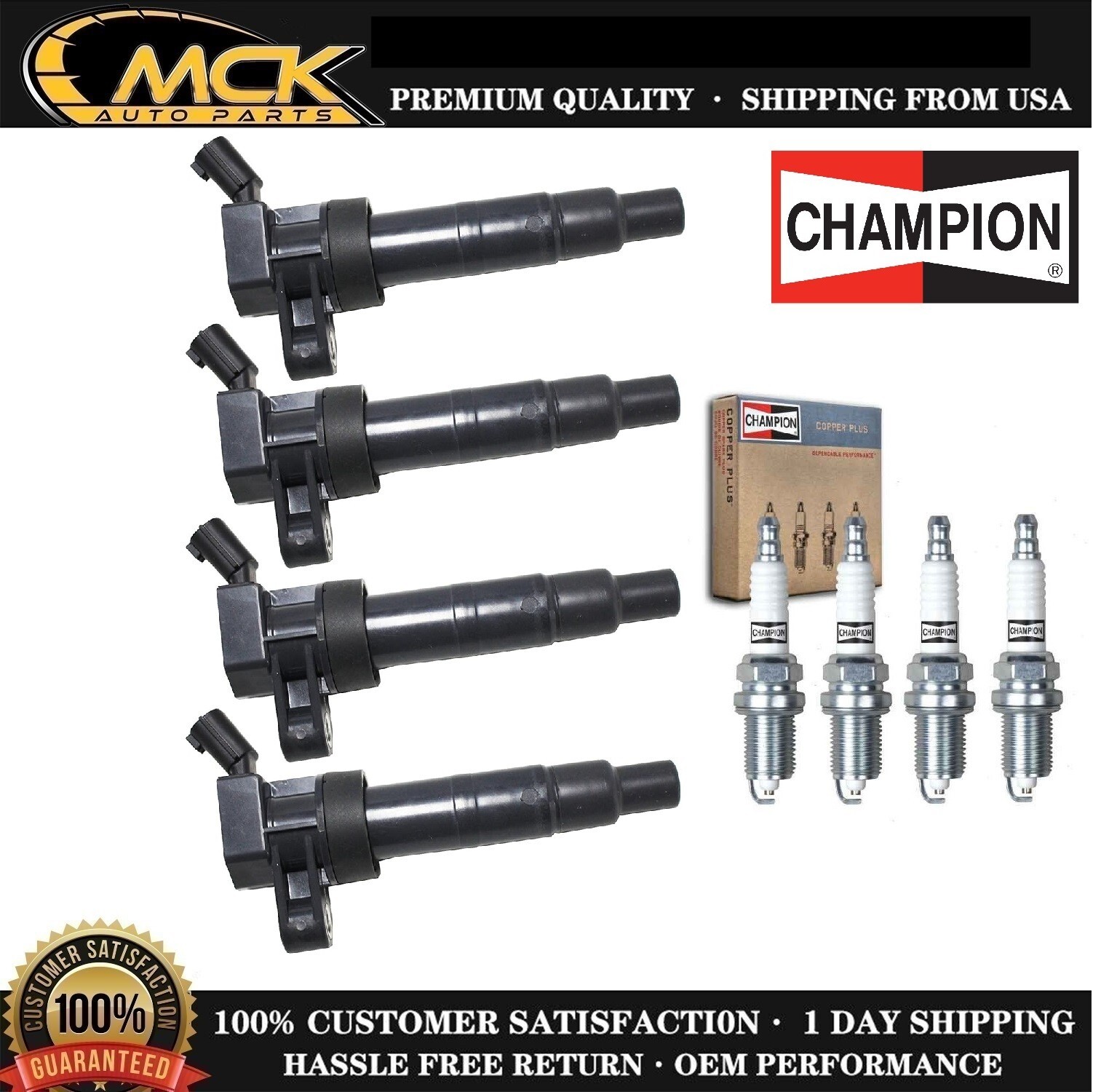 4x Ignition Coil  4x Champion Spark Plug for Hyundai Sonata 2009-2010 Santa Fe