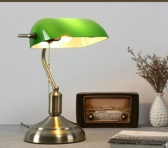 Antique Brass Banker Desk Lamp Pull Chain Switch Green Glass Brass SAA Approved