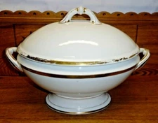 Large Antique French Old Paris Porcelain Gold Edge Tureen - MUCH GOLD WEAR