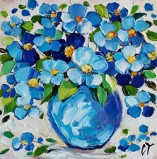 original oil painting Forget me not blue flowers artwork Floral wall art 6*6 in