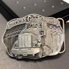 Vintage VTG America s Goods Move By Truck Trucking Pewter Tone 3D Belt Buckle