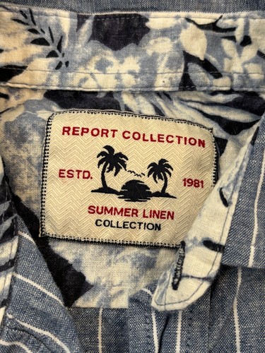 Report Collection Linen Blend Shirt Mens S Blue Striped Preppy Tropical Beach - Picture 2 of 6
