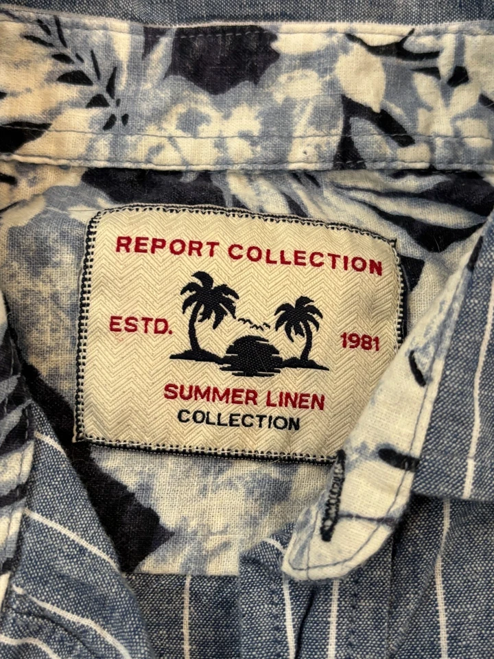 Camisa Report Collection Mezcla de Lino Para Hombre S Azul Rayas Preppy Tropical Playa Foto 2 de 4