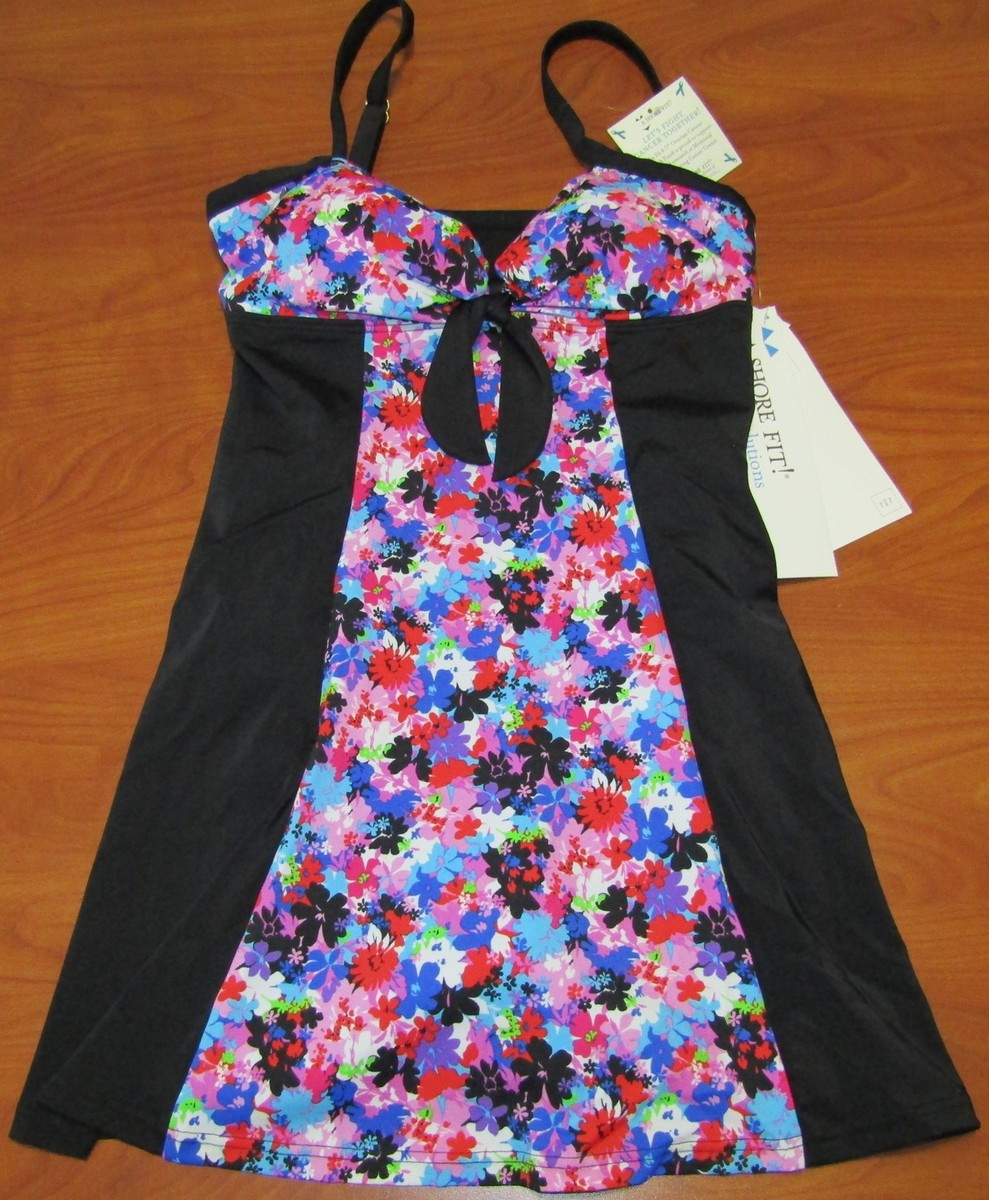 NEW A SHORE FIT WOMENS BLACK WITH FLORAL DESIGN SWIM DRESS SZ 8 10 NWT $92