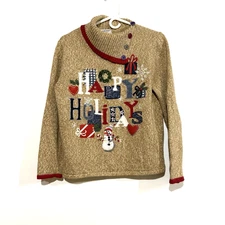 Vintage 90s Ugly Christma Sweater Medium Grandma Core Buttons Snowman Winter