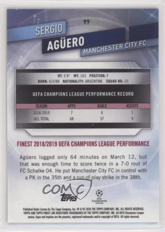 2019-20 Topps Finest UCL Purple Refractor /250 Sergio Aguero Sergio Agüero #99 - Image 2 of 2