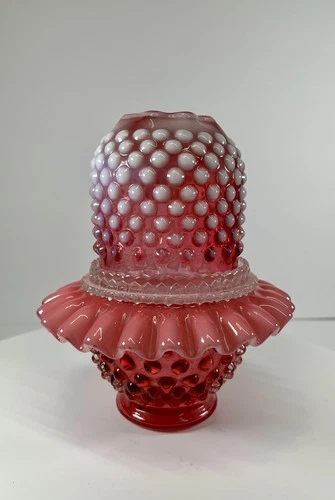 Fenton Cranberry Opalescent Hobnail Glass 3 Piece Fairy Lamp Votive Holder
