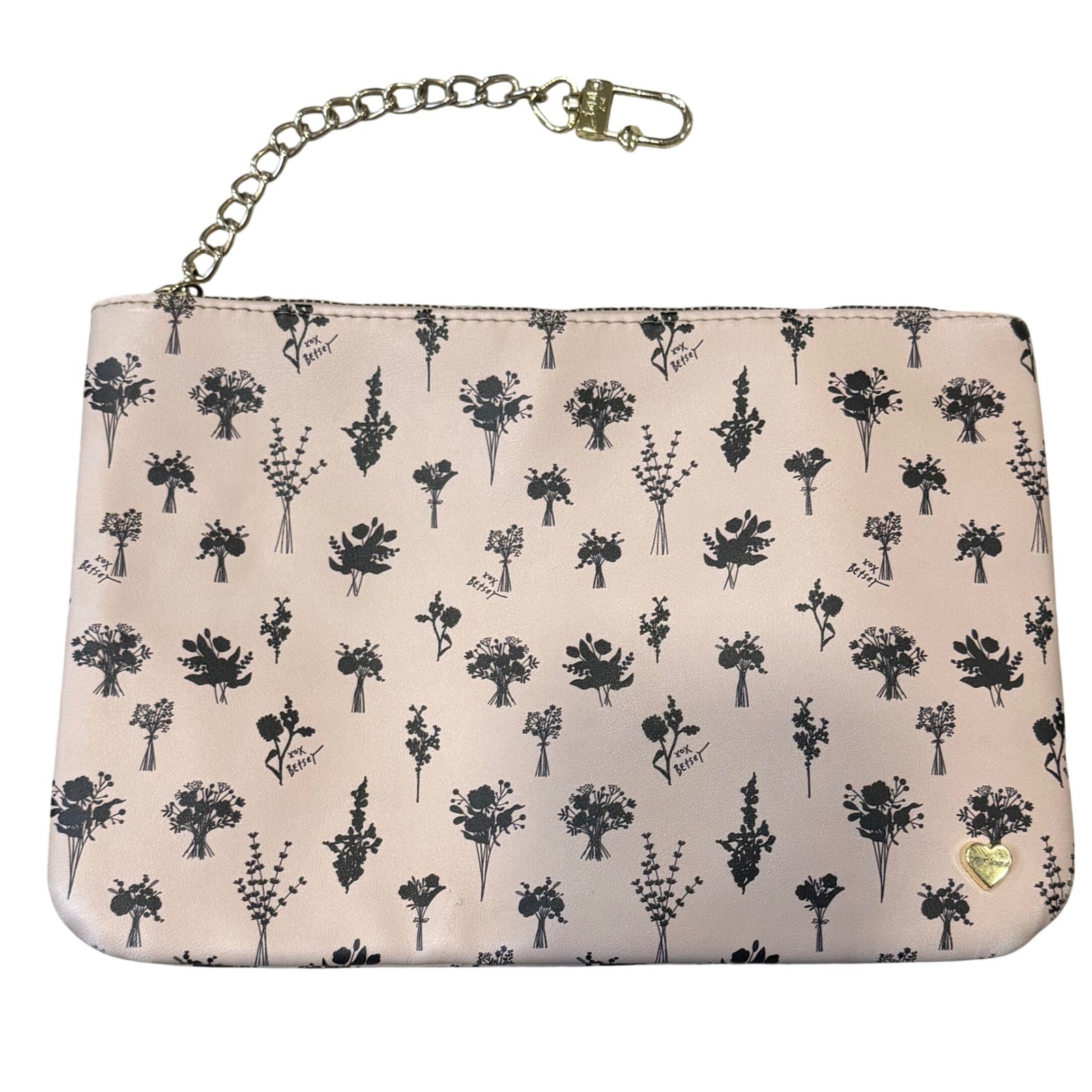 Betsey Johnson Floral Pouch Pink Faux Leather Wristlet Chain Bag Gold Heart