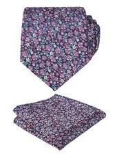 Men's 3.15 Inch Floral Tie With Small Flower Printed Pocket Square Set