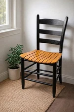 Solid Wood Ladder Back Chair Black Frame Sculpted Slat Seat Rustic Accent Chair