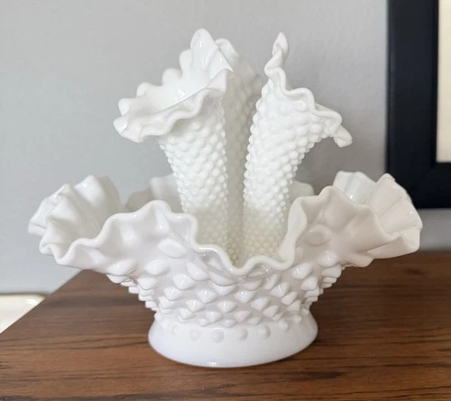 Fenton Hobnail Milk Glass Ruffled Epergne Three Horn Trumpet Vase