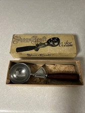 Vtg Shore Craft Stainless Steel #10 Ice Cream Scoop Disher Wooden Handle In Box