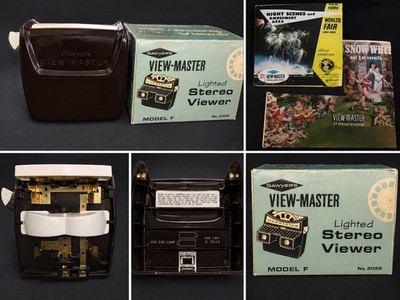 Vintage Sawyer s View-Master Model F Lighted Stereo Viewer Brown Boxed + Reels
