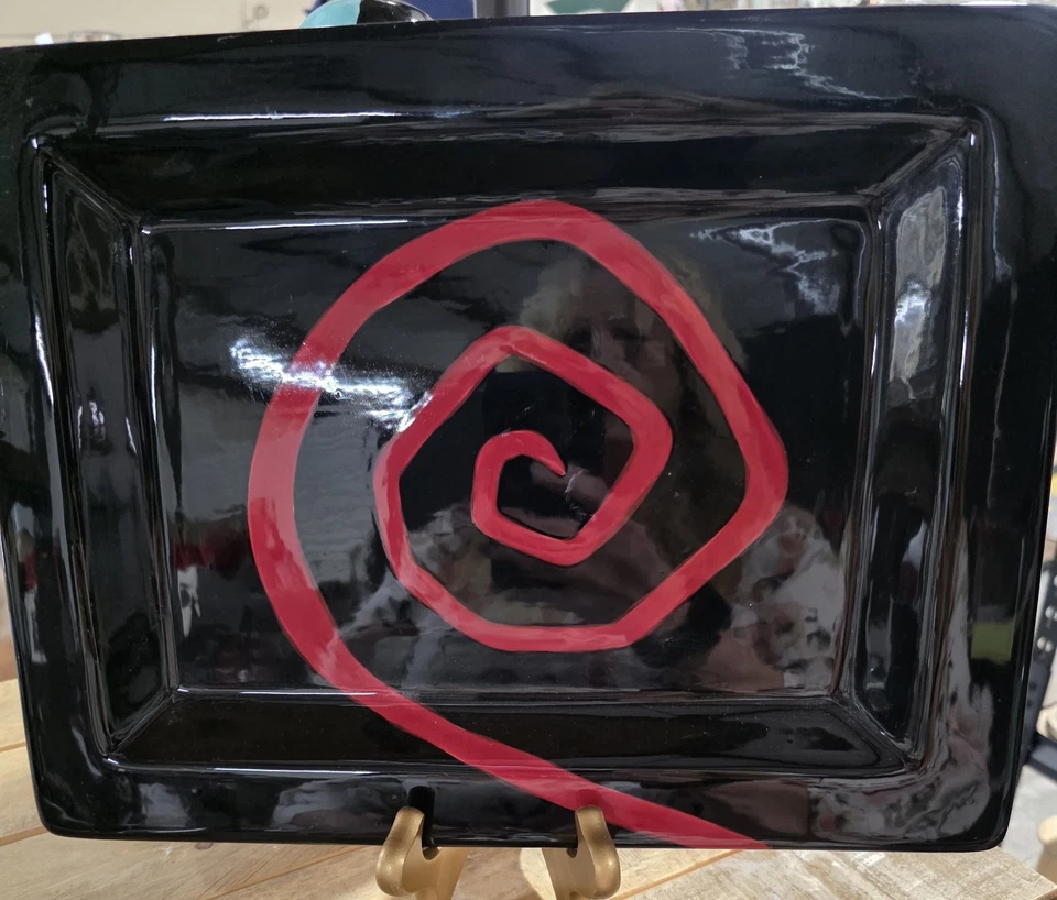 Urban Graffiti Spiral Platter 13x10 Tabletop Black And Red Hand Made And Painted - Image 2 of 4