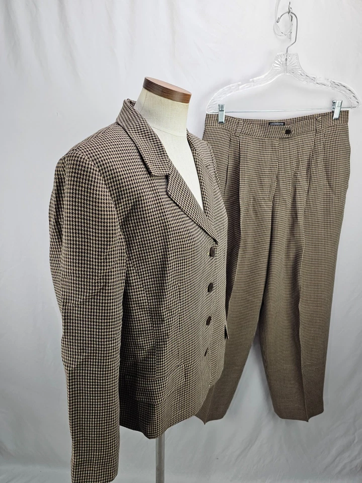 Traje pantalón para mujer Liz Claiborne marrón pata de gallo mezcla de lana 16P Foto 2 de 4