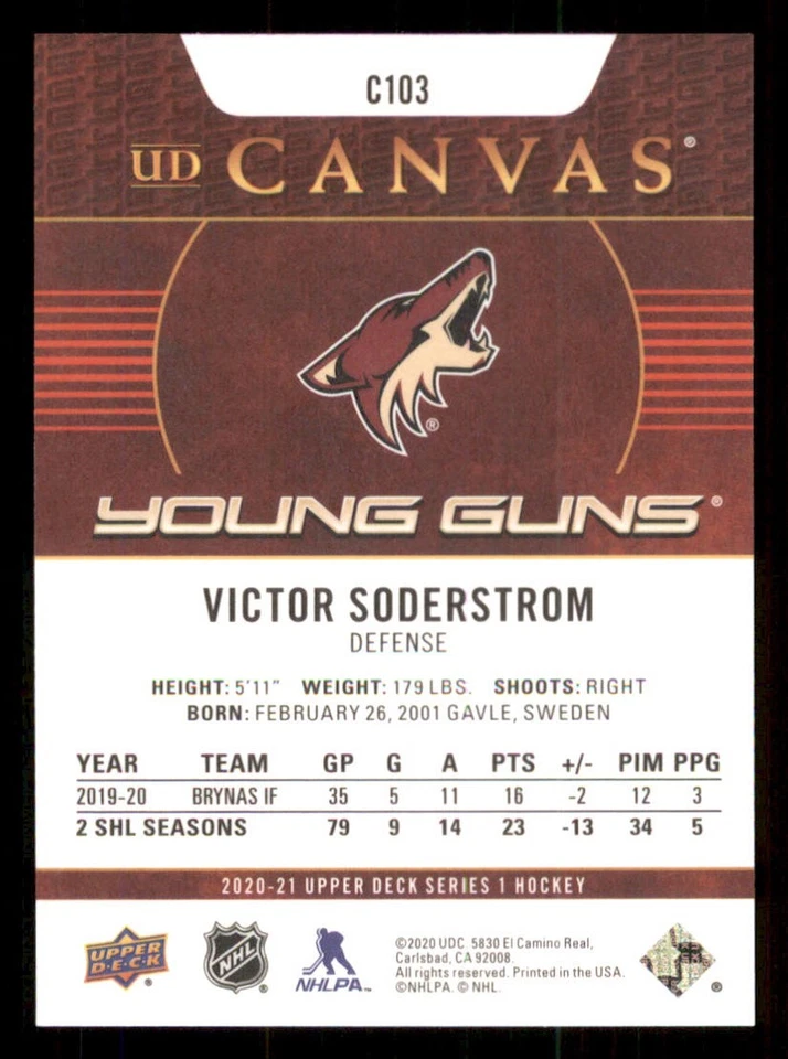 2020-21 Upper Deck Canvas #C103 Victor Soderstrom Young Guns - Image 2 of 2