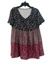 Multicolor Floral Layered Short Sleeve V-Neck A-Line Dress Black Pink Gray