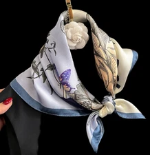 100% Silk 20" small Square Scarf Women Wrap neckerchief floral beige blue WY350