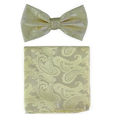 New formal Men's micro fiber pre-tied bowtie  hankie set paisley canary yellow