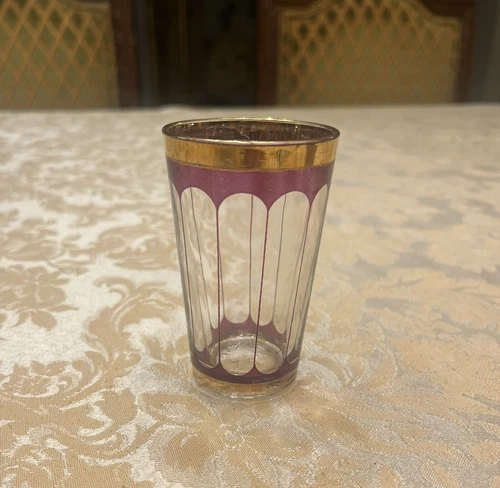 Vintage VCA Glass Tea Mug Made in France Red Gold Clear Glass 3.5” MCM