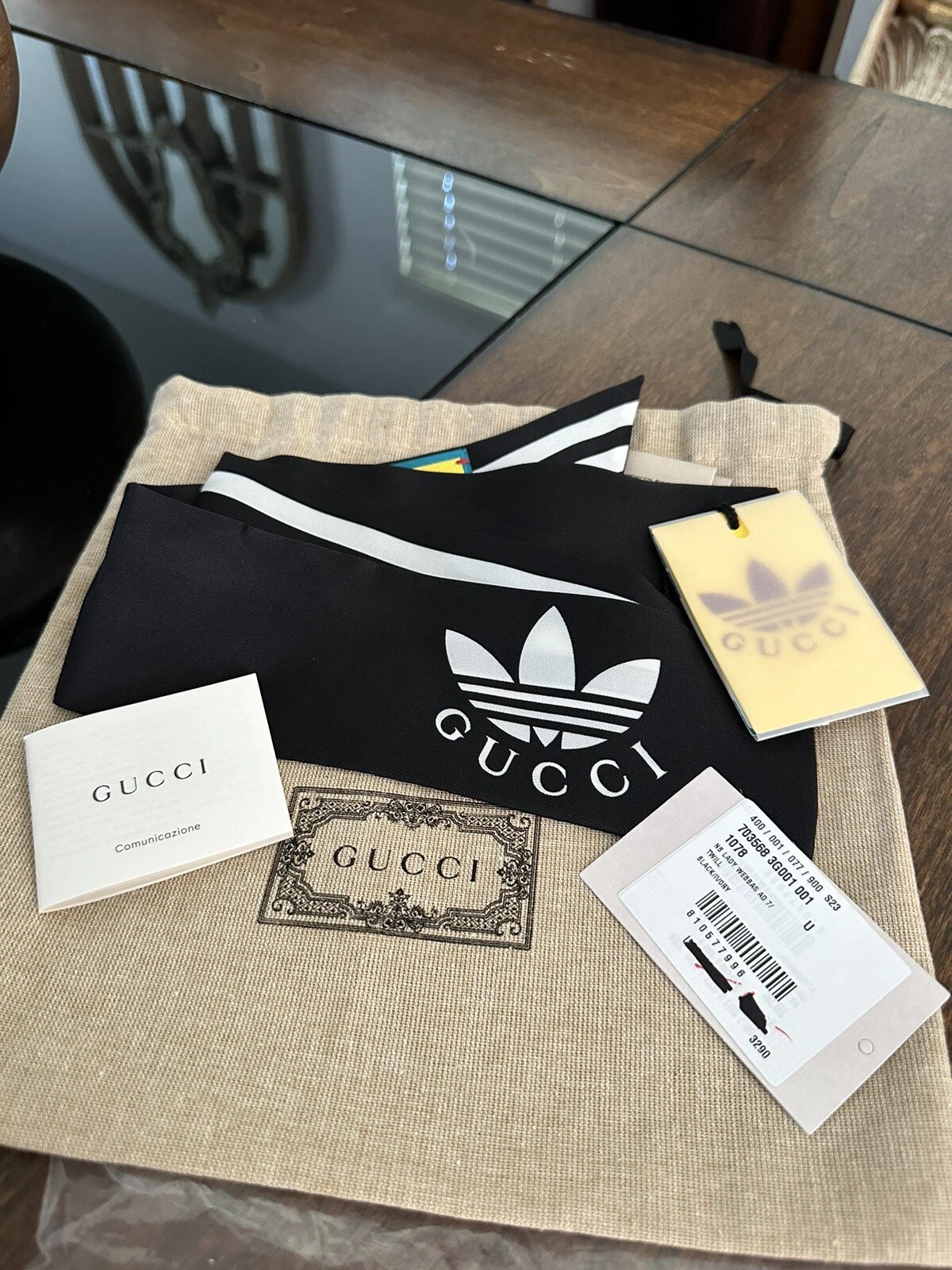 Gucci X Adidas nœud cou en soie rayée noir et blanc neuf avec étiquettes et boîte