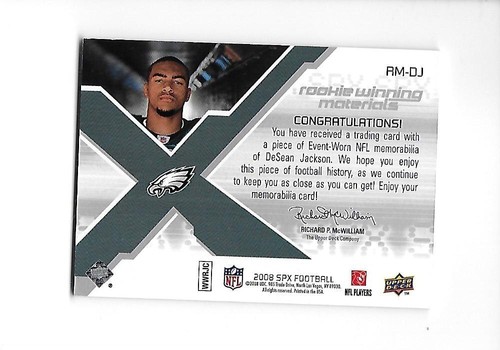 2008 SPX Rookie Winning Materials Dual DESEAN JACKSON RC (Eagles) #04/35 - Picture 2 of 2