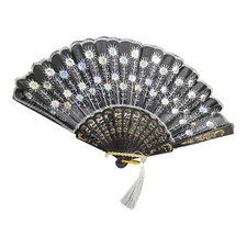 Peacock Fold Hand Fan Black Fabric Silver Embroidered Sequined Flowers
