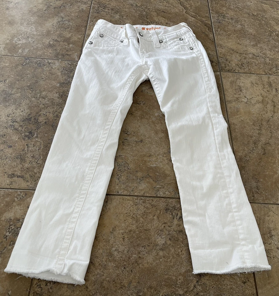 Pantalones de mezclilla para mujer Rock Revival blancos Amy Capri dobladillo crudo talla 26 ajuste 24X25 Foto 2 de 4